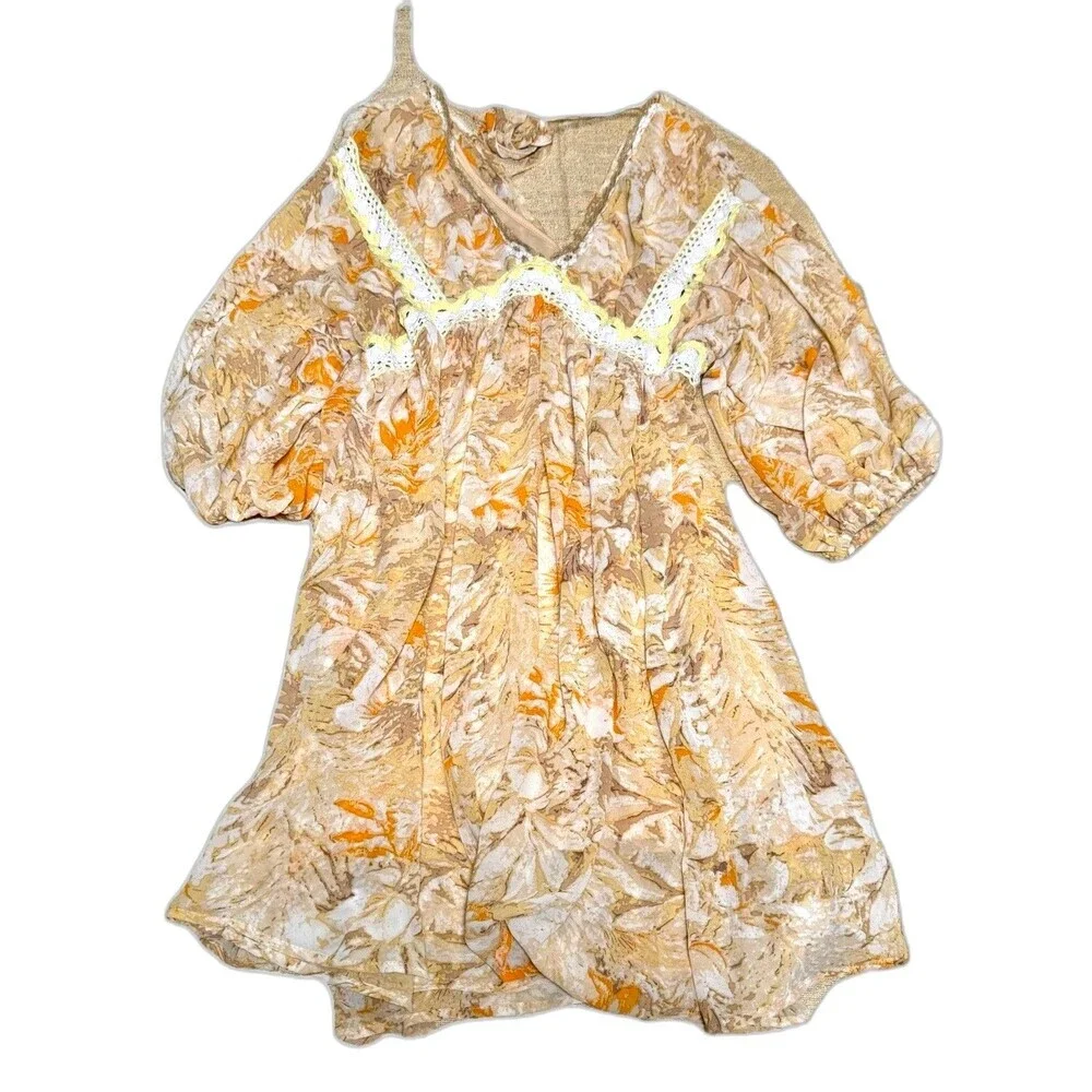Umgee Small Floral Lace Trim Puff Sleeve Cottagecore Boho summer Dress - Picture 2 of 6